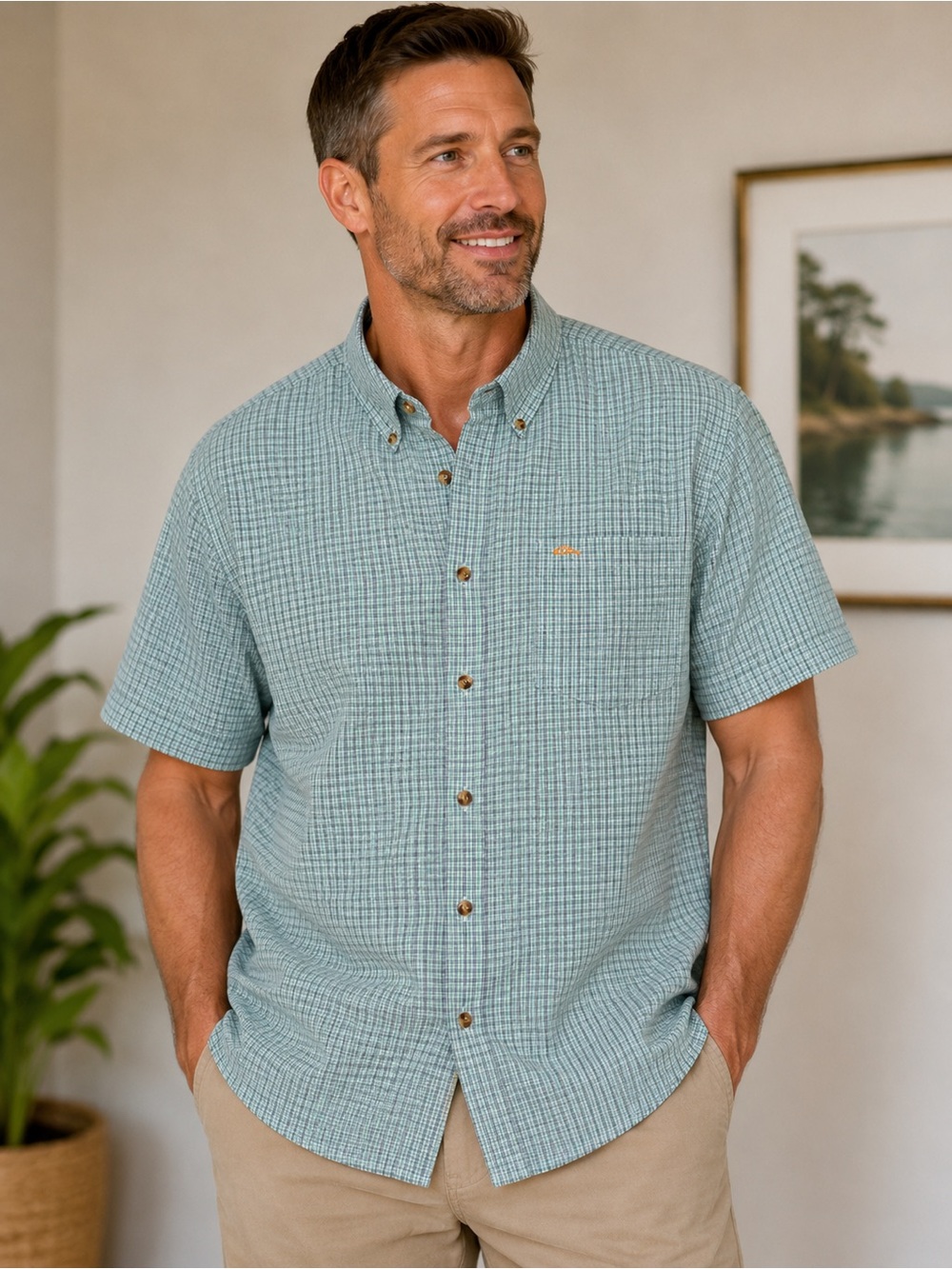 Drake Men's Short Sleeve Button-Down Shirt - Teal and White Check